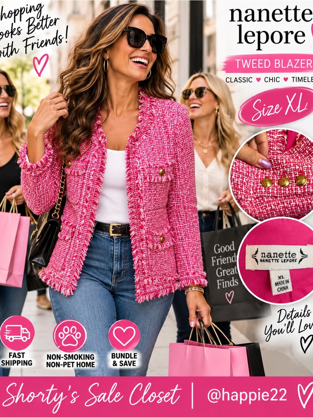 Nanette Lepore Pink Tweed Fringe Pocket Blazer XL